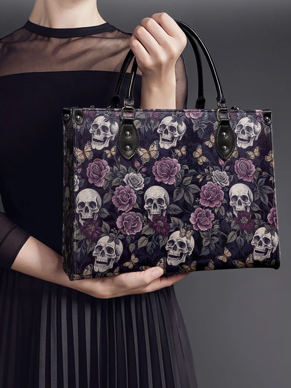 Gothic Skull & Rose Purple Tote Bag with Black Handles - Picture 5 of 9